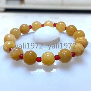 9-10mm Natural Yellow Burma A Jade jadeite Hand-Carved Lotus Bead Bracelet 7.5" - Picture 1 of 7