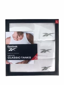 REEBOK 3 Pack White Tanks Mens Size Large 42-44 Essential Comfort Classic Logo - Picture 1 of 3
