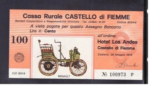 Miniassegno Cassa Rurale Castello Fiemme 100 Lire Automobili 29-5-1978  - Picture 1 of 1