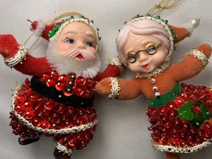 Vintage Bead Sequin Push Pin Christmas Tree Ornament Mr Mrs Clause Sequence EF - Picture 1 of 10