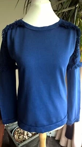 M&S Indigo Ladies Blue Cotton Jumper Embroidered Shoulders UK 8/EUR 36 - Picture 1 of 6