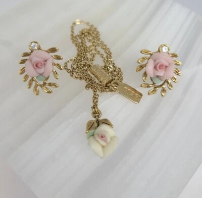 Womens 1928 Jewelry Set Necklace Earrings Pink Rose Costume Jewelry - Image 1 of 4