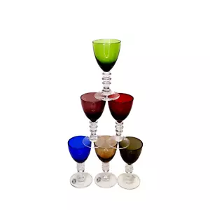 Shot Glasses Cordials Stemmed 2oz Set of 6 Ruby Blue Green Amber Amethyst Smoke - Picture 1 of 14
