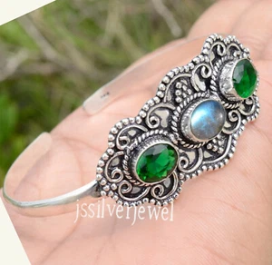 Diopside & Labradorite Gemstone 925 Sterling Silver Bangle Cuff Gift For Love - Picture 1 of 5
