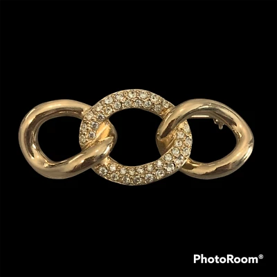 Christian Dior Brooch Pin Chain Link Trio with Crystal Pave Center Gold  Tone  - Image 1 of 4