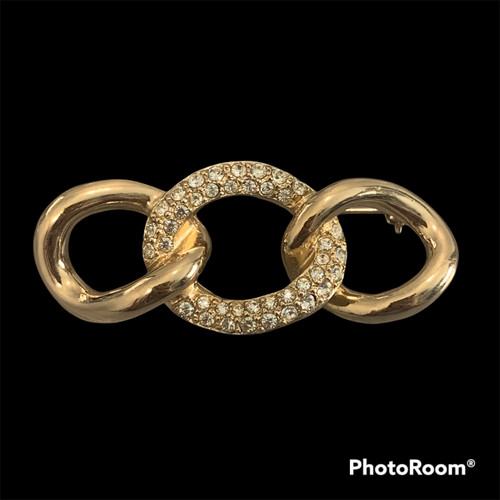 Spilla Christian Dior Spilla Catena Maglia Catena Trio con Pavimentazione Cristallo Centro Tono Oro