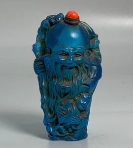 noble esmalte de color azul tallado dios de la longevidad sosteniendo bastón estatua botella de tabaco - Imagen 1 de 9