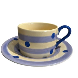 Whittard of Chelsea Cup and Saucer Blue Beige Stripes Spots Polka Dot Ceramic - Picture 1 of 8