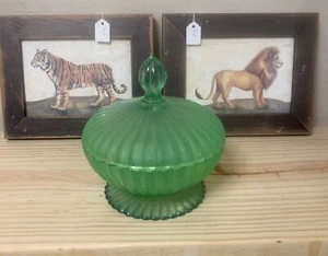 Vintage Jeannette Glass Green Satin Ribbed Candy Dish w/Lid (AS IS) - Picture 1 of 2