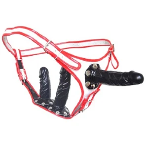 CINTURA TRIPLO dildo IMBRAGATURA strap-on INDOSSABILE BIANCO bordo ROSSO sex toy - Foto 1 di 2