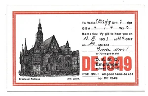 QSL Radio DE1349 Receiving Station Ham Breslau Deutschland Germany 1933 DX SWL - Picture 1 of 1