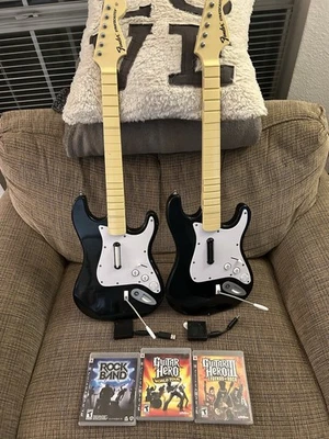 SONY PLAYSTATION 3 Lot 2 WIRELESS GUITARS FENDER w DONGLES Rock Band! + 2 games! - Image 1 of 4