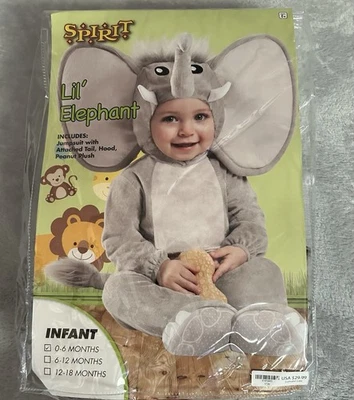 Baby Elephant Halloween Costume Infant 0-6mo Plush Jumpsuit Tail Hood Peanut - Image 1 of 4