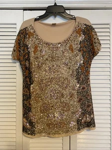 Sundance Womens L Sequin Leopard Print Tee Short Sleeve Tan Cocktail Evening - Picture 1 of 6