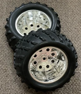 CHROME WHEEL/TIRE SET (2PCS) For Duratrax Firehammer MT Smartech Bigfoot FG 1/5 - Picture 1 of 8
