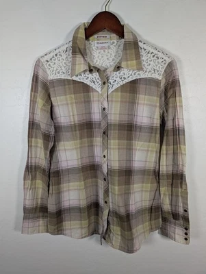 Ariat Shirt Womens Medium Plaid Lace Western Fitted Long Sleeve Pearl Snap Top - Imagem 1 de 4