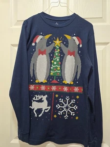 Camicia termica natalizia uomo con pinguini blu M 38/40 LS - Foto 1 di 3