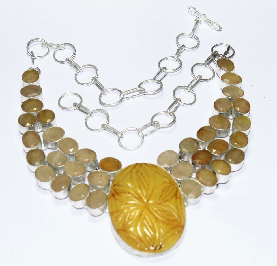 Collar de piedras preciosas de ónix amarillo tallado collar de joyería tamaño 18 pulgadas Foto 1 de 4