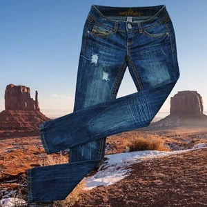Almost Famous blue jeans youth girl (XXL 16) distress style/button/zip/logo - Picture 1 of 8