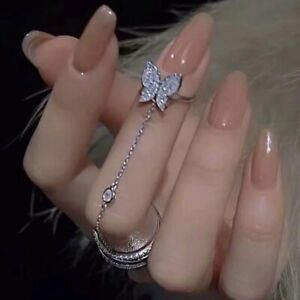 Silver Butterfly Zircon Finger knuckles Chain Open Rings Jewelry Women Gift