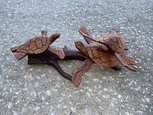 SEA TURTLE ON DRIFTWOOD ROOT BASE HAND CARVED WOOD NAUTICAL