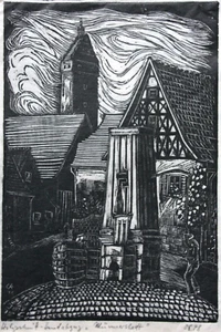 Stadtansicht "Münnerstadt", Holzschnitt auf Japan, monogrammiert "OE", 1948 - Bild 1 von 11