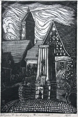 Stadtansicht "Münnerstadt", Holzschnitt auf Japan, monogrammiert "OE", 1948 - Bild 1 von 4