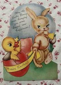 Vintage Mid Century UNUSED Die-Cut Easter Bunny & Hatching Chick Stand-Up Card - Picture 1 of 3