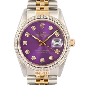 ROLEX DATEJUST 16233 18K GOLD & S/STEEL 36MM PURPLE DIAMOND DIAL DIAMOND BEZEL - Picture 1 of 10