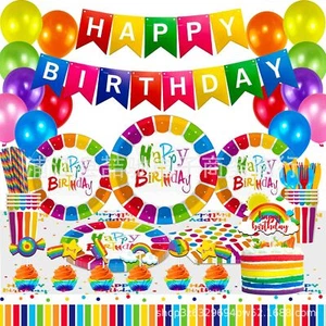 20 Guests Rainbow Paper Plates Birthday Party Tableware, Coloured Napkins Cups - Bild 1 von 32