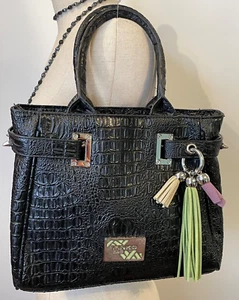 Pinko Bag- Vintage Black Faux Crocodile Print Handbag w/ Tassels- Made in Italy - Picture 1 of 7