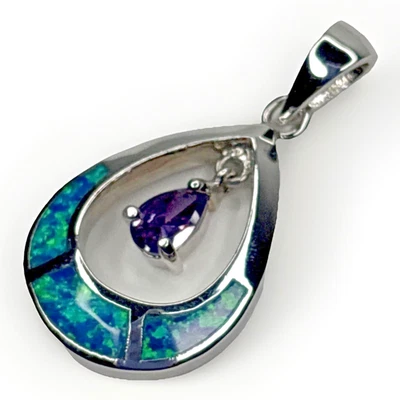 Colgante en forma de lágrima de plata de ley 925 incrustación de ópalo azul y piedra púrpura circonita cúbica 1" NUEVO Foto 1 de 4