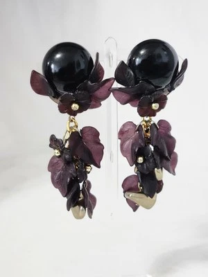 Colleen Toland Purple/ Black Flower Leaf Earrings Bead Dangle Clip OnUnsigned - Image 1 of 4