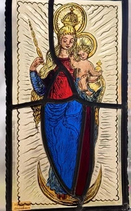 Antique German Hand Painted Lead Frame Stained Glass Madonna & Child Window Art - Picture 1 of 7