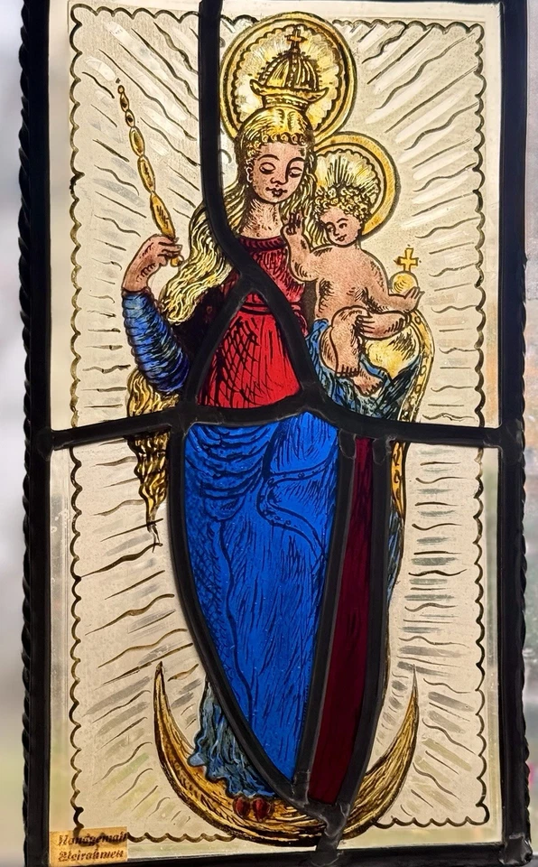Antique German Hand Painted Lead Frame Stained Glass Madonna & Child Window Art - Image 1 of 4