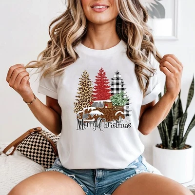 Merry Christmas Truck Leopard Christmas Womens T-Shirt Holiday Plaid - Image 1 of 2