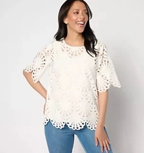 BEAUTIFUL By Lawrence Zarian Eyelet Top With Knit Tank Ivory Size 1X - $109.00 - Picture 1 of 7