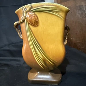 Vaso ceramica vintage Roseville doppio manico pigna marrone 121-7 ramoscello alto 7-3/8" - Foto 1 di 8