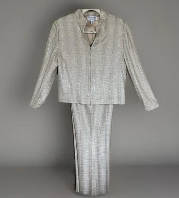 St. John Couture Knit Cream Suit Embellished Gold Iridescent - Jacket 14 Pant 12 - Image 1 of 4