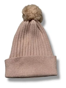 Primark Pink Ribbed Knit Beanie Hat One Size Faux Fur Pom Pom Winter Warm Soft - Picture 1 of 4