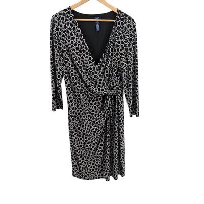 Chaps Women's XL Black White Geometric Print 3/4 Sleeve Wrap Dress Chain Career - Image 1 of 4