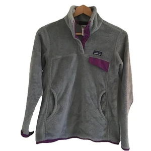 Patagonia Women’s 1/4 Snap T Fleece Sweater Sz Small Gray Purple Trim Polartec - Picture 1 of 12