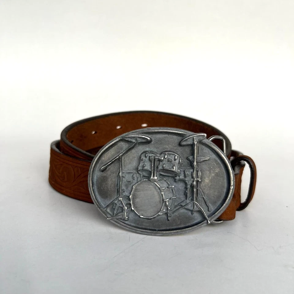 Siskiyou Drum Buckle Drummer Metal Silver Tone W/Justen Leather Brown Belt USA - Image 1 of 4