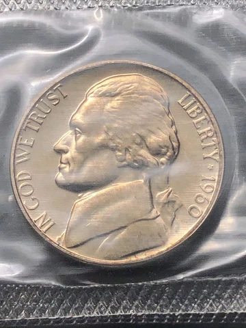1960 Proof Jefferson Nickel in Original Cello from US Mint Proof Set Cover