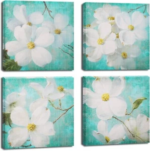 Set of 4 12"x12" Teal Floral Bathroom Decor Canvas Wall Art Wall Decor Artwork - Picture 1 of 11