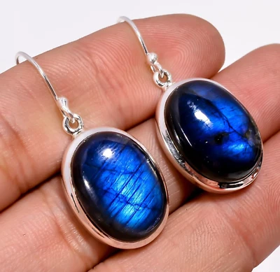 Natural Blue Labradorite Earrings 925 Sterling Silver Dangle Earrings Jewelry - Image 1 of 4