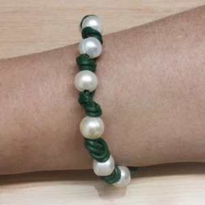 Bracelet Perles Cultivées Et Cuir Naturel Vert 10 10 MM - Picture 1 of 4