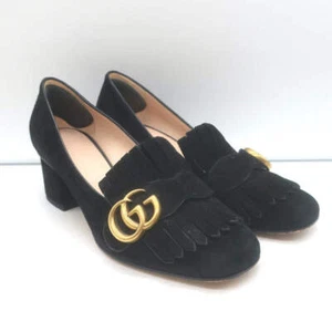 Gucci GG Marmont Fringed Suede Pumps Black Size 37.5 - Picture 1 of 16
