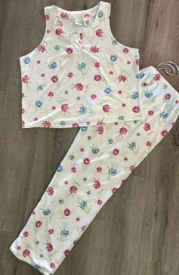 SECRET TREASURES Pijama Conjunto 2X Camiseta sin Mangas Pantalones Blanco Multicolor Floral Satinado EC Foto 1 de 4