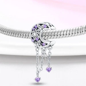 Purple Moon Dreamcatcher Stars Crystal Charm Sterling Silver 925 - Picture 1 of 1